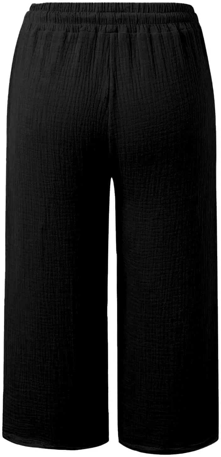 Linen Pants Women Summer Casual High Waist Straight Wide Leg Pants Comfortable Fit Trousers with Pockets