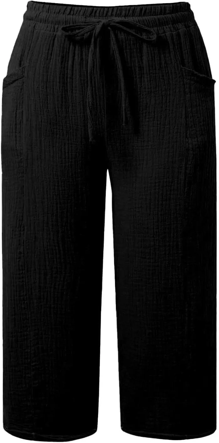 Linen Pants Women Summer Casual High Waist Straight Wide Leg Pants Comfortable Fit Trousers with Pockets