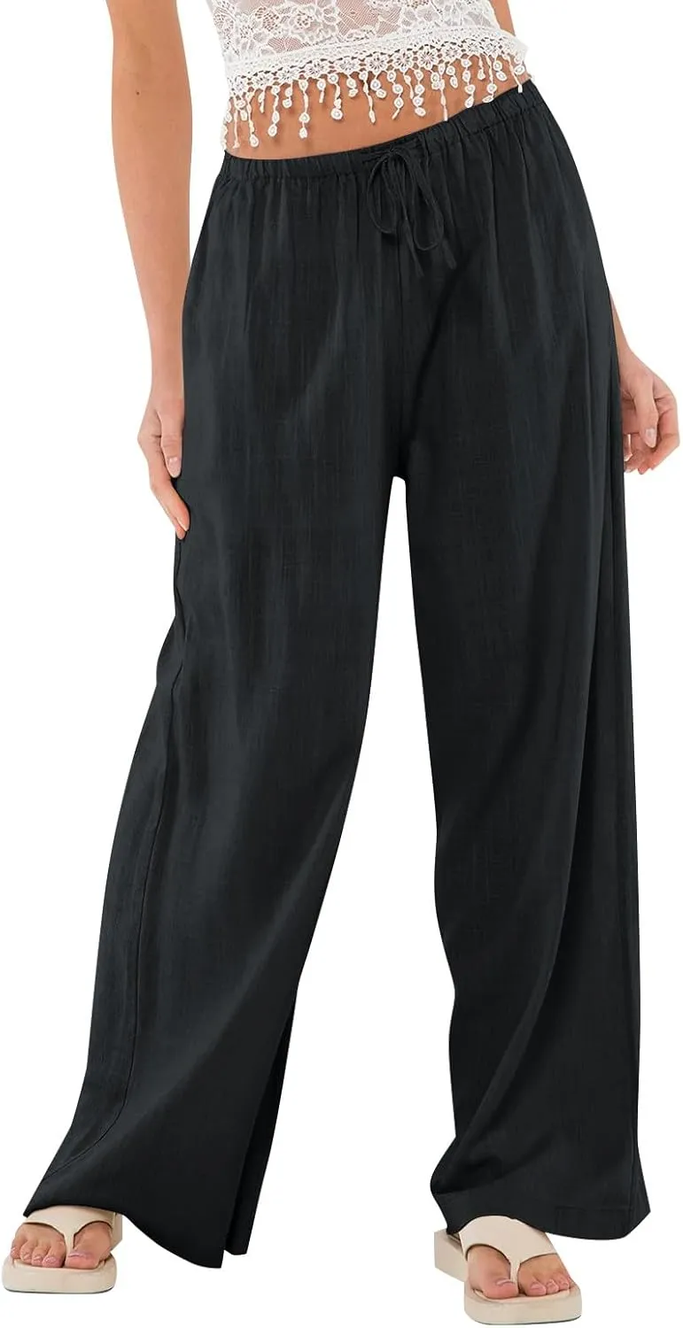 Linen Pants Women Summer Wide Leg Pants Drawstring Elastic Waist Trousers Baggy Maternity Palazzo Pant with Pockets