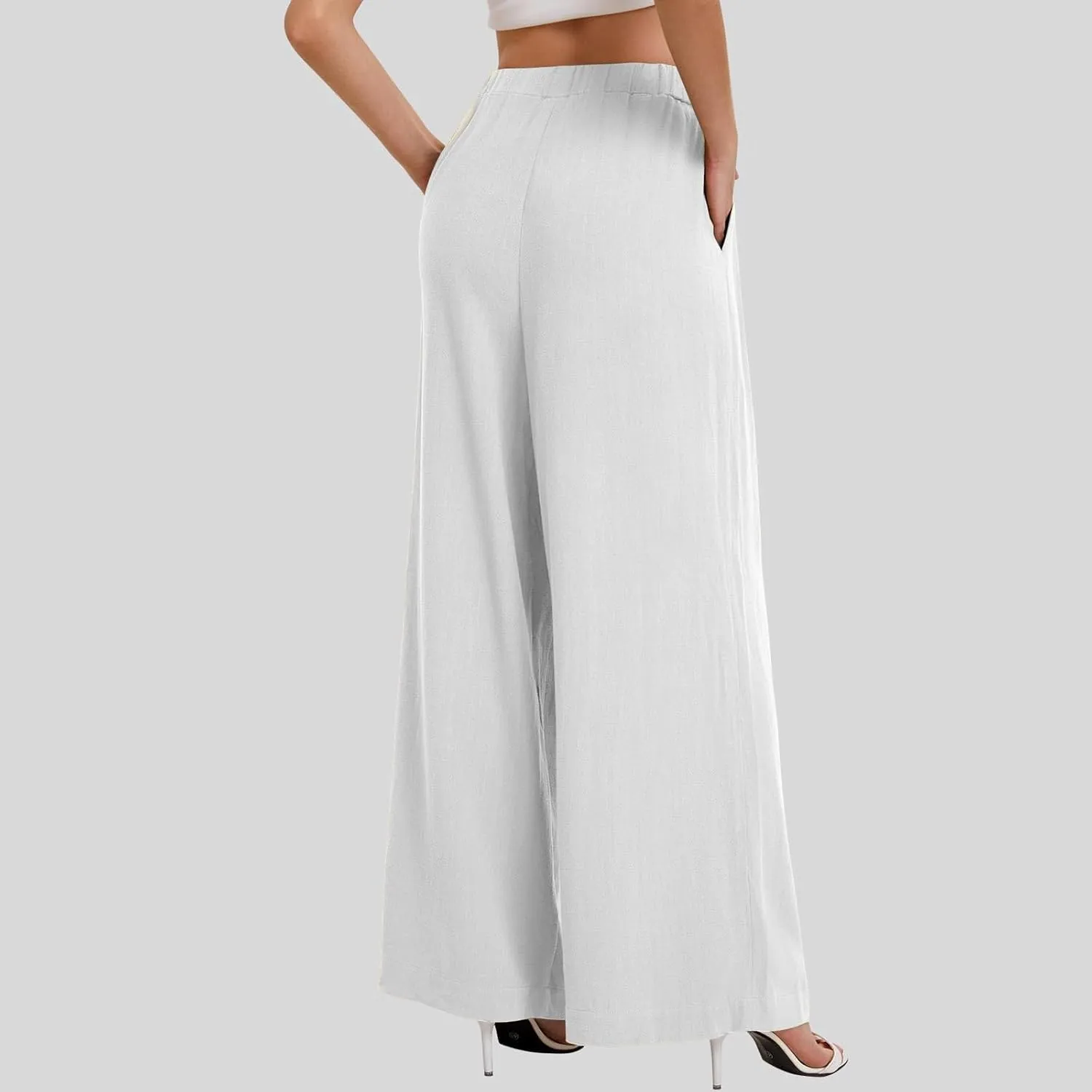 Linen Pants Women Wide Leg Palazzo Pants Beach Lounge Pants Loose Fit with Pockets Flowy Boho Pants