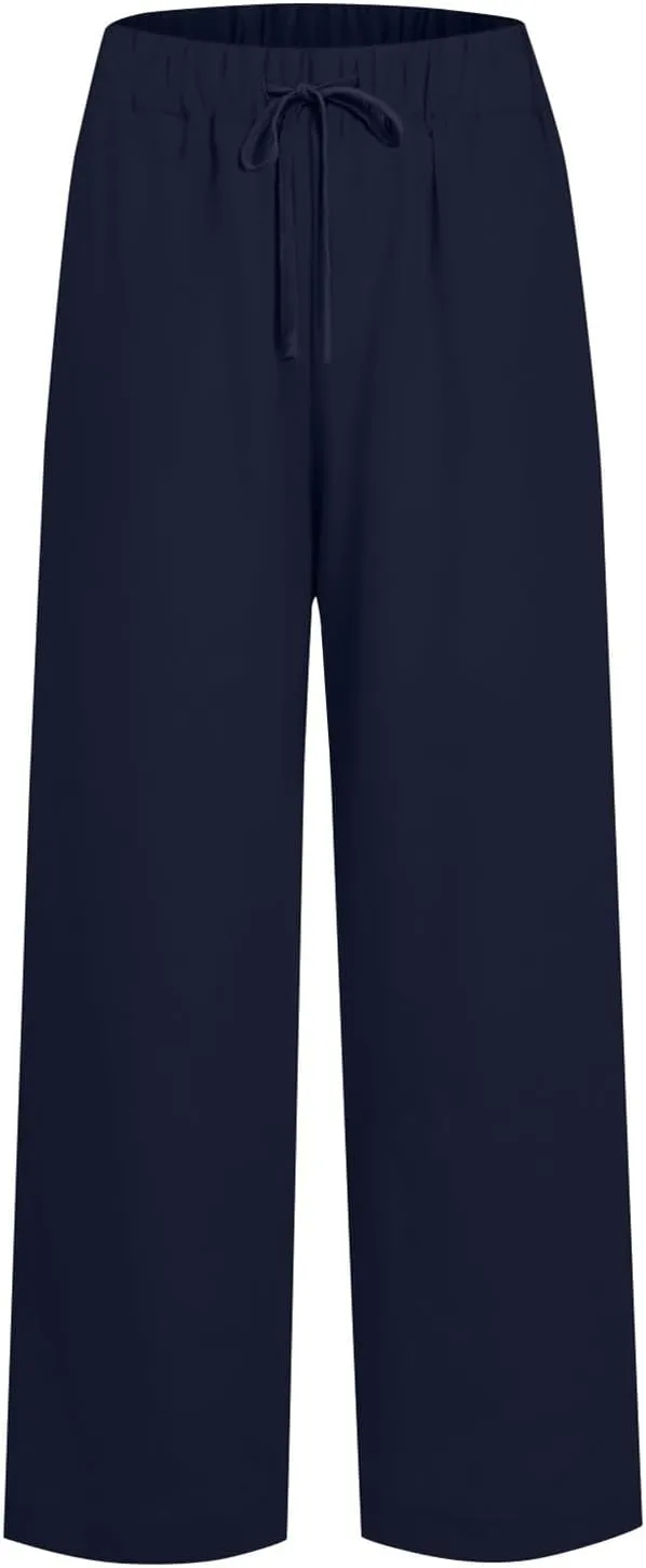 Linen Pants Women Wide Leg Palazzo Pants Beach Lounge Pants Loose Fit with Pockets Flowy Boho Pants
