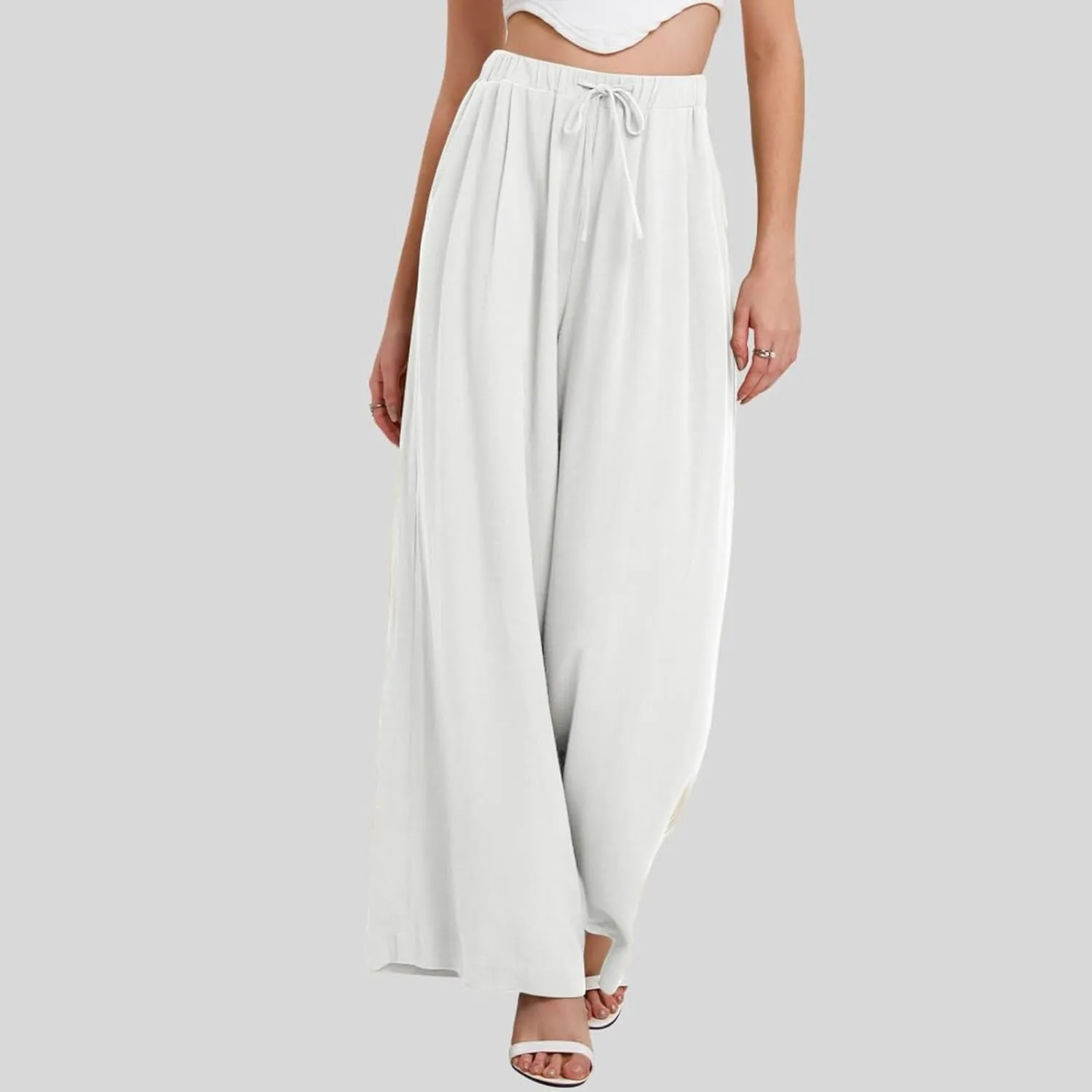 Linen Pants Women Wide Leg Palazzo Pants Beach Lounge Pants Loose Fit with Pockets Flowy Boho Pants