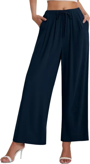Linen Pants Women Wide Leg Palazzo Pants Beach Lounge Pants Loose Fit with Pockets Flowy Boho Pants