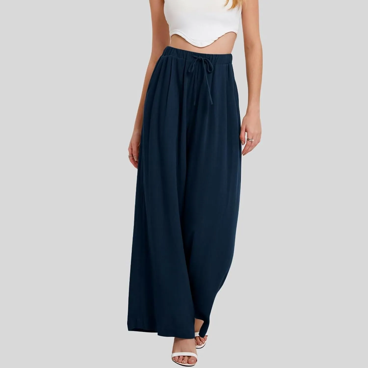 Linen Pants Women Wide Leg Palazzo Pants Beach Lounge Pants Loose Fit with Pockets Flowy Boho Pants