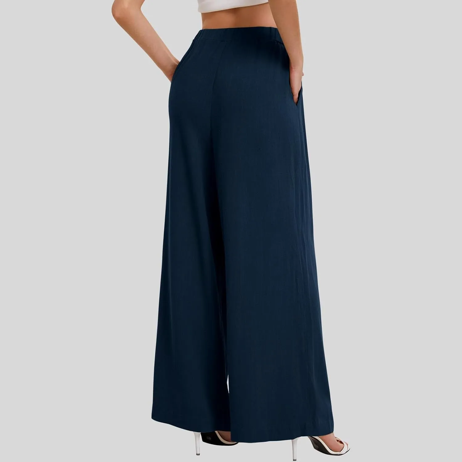 Linen Pants Women Wide Leg Palazzo Pants Beach Lounge Pants Loose Fit with Pockets Flowy Boho Pants
