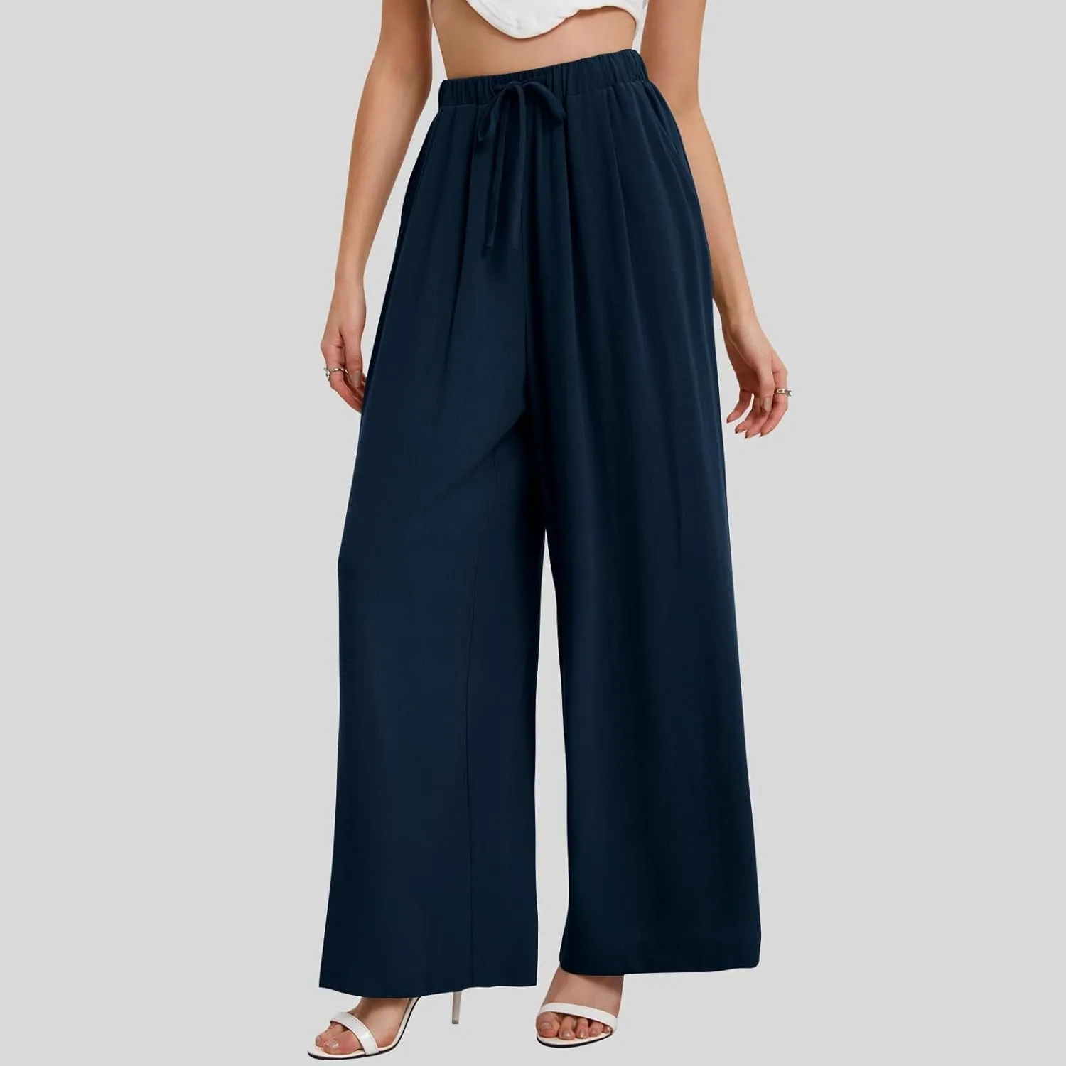 Linen Pants Women Wide Leg Palazzo Pants Beach Lounge Pants Loose Fit with Pockets Flowy Boho Pants