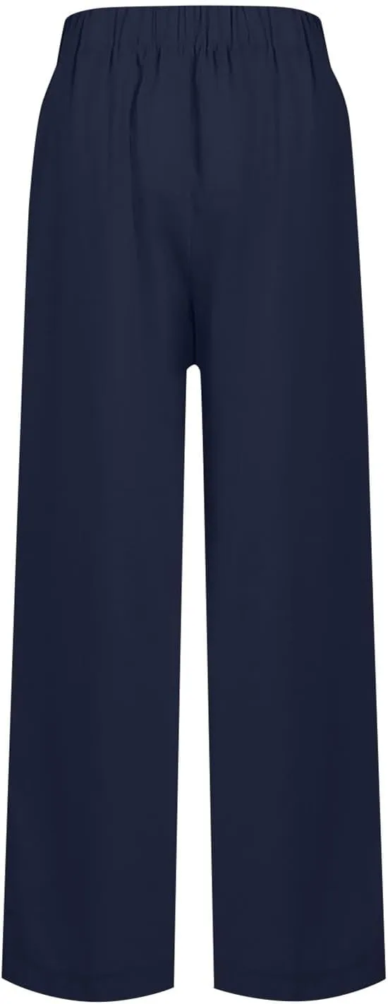 Linen Pants Women Wide Leg Palazzo Pants Beach Lounge Pants Loose Fit with Pockets Flowy Boho Pants