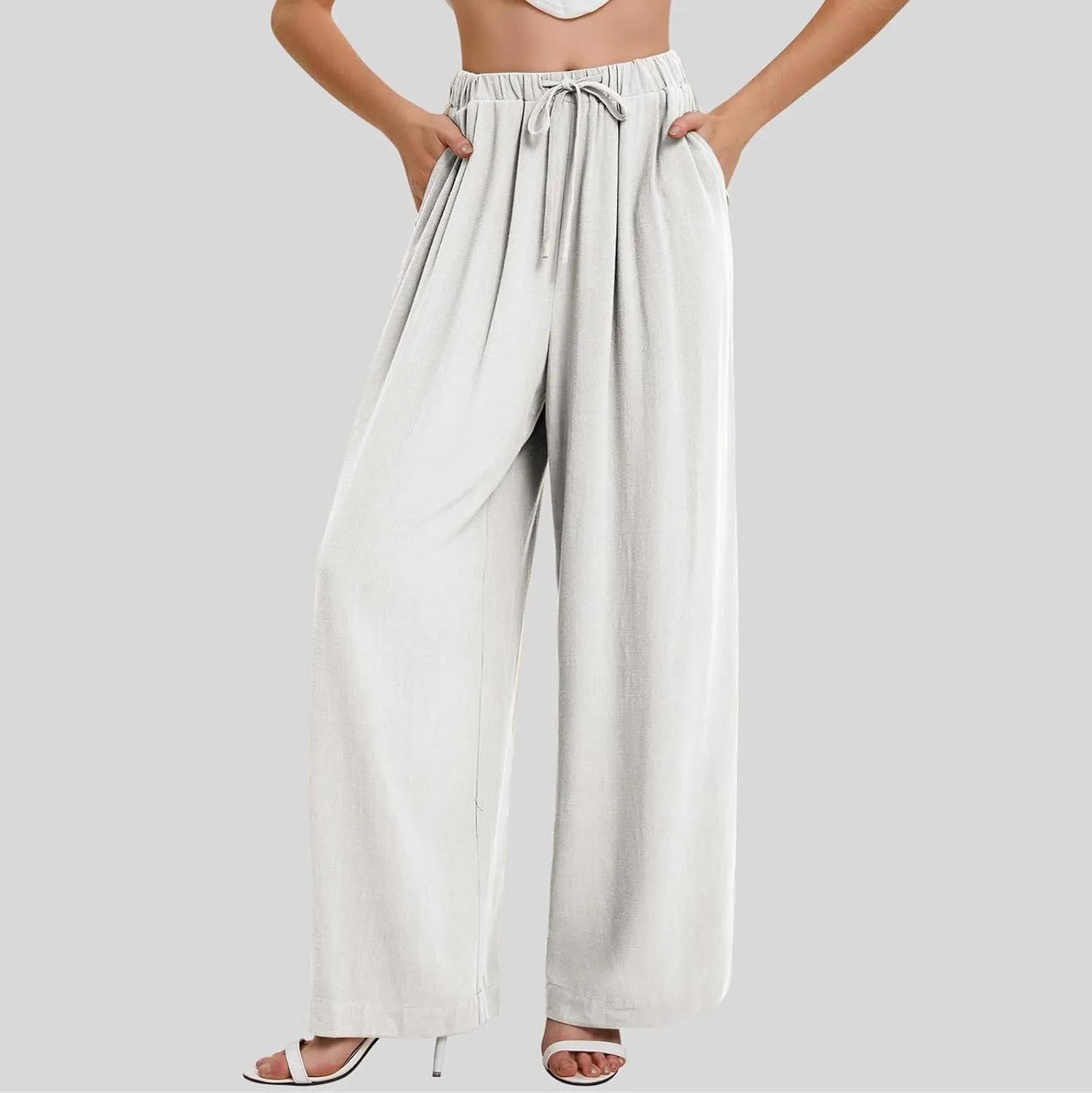 Linen Pants Women Wide Leg Palazzo Pants Beach Lounge Pants Loose Fit with Pockets Flowy Boho Pants