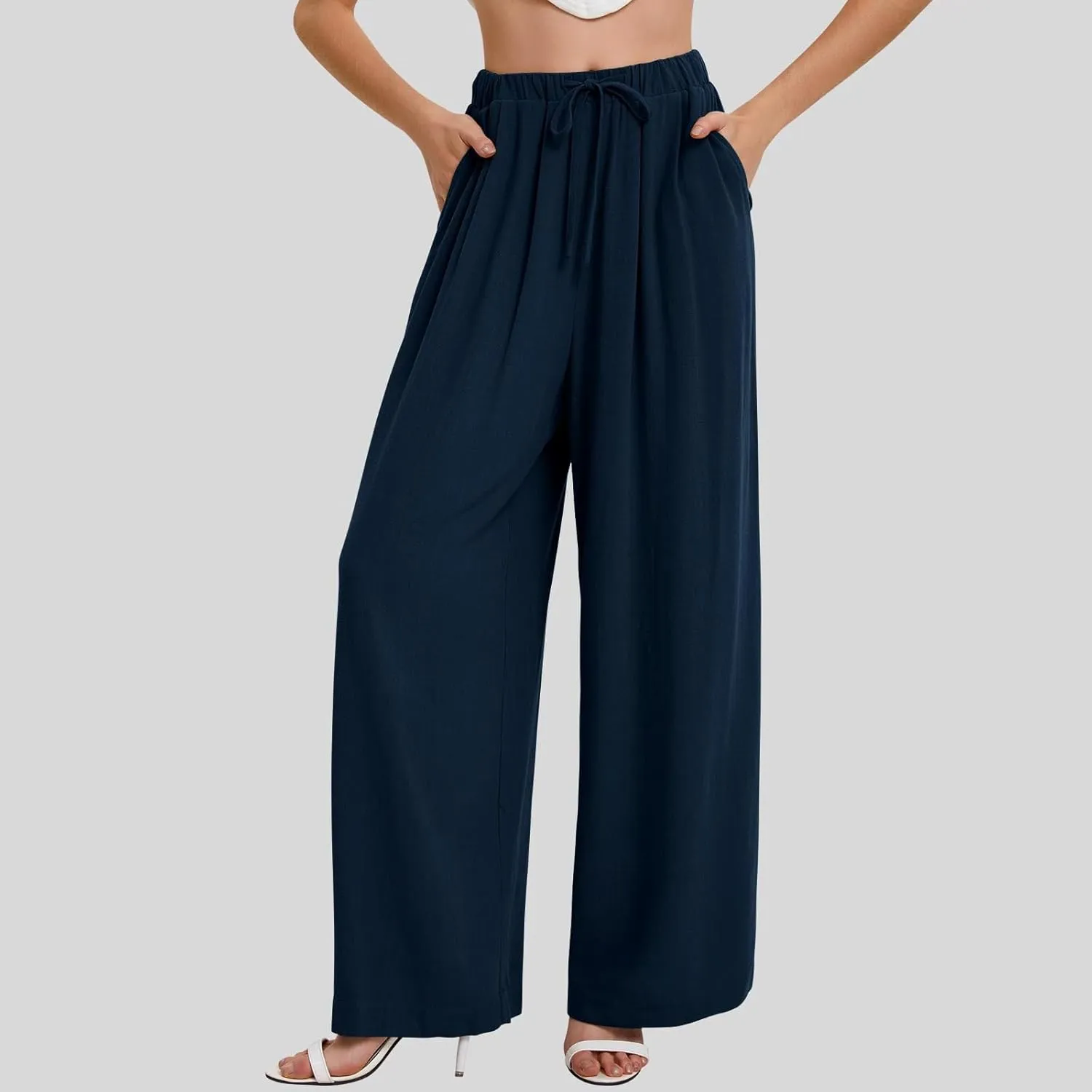 Linen Pants Women Wide Leg Palazzo Pants Beach Lounge Pants Loose Fit with Pockets Flowy Boho Pants
