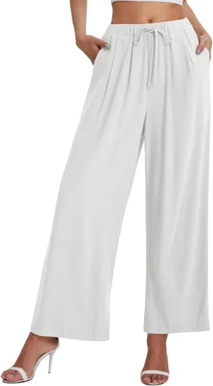 Linen Pants Women Wide Leg Palazzo Pants Beach Lounge Pants Loose Fit with Pockets Flowy Boho Pants