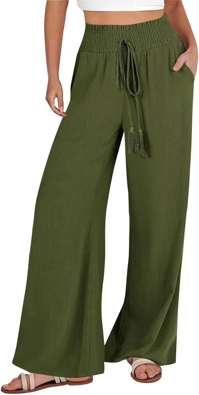 Linen Summer Pants for Women Lightweigh Elastic High Waist Wide Leg Pants Business Adjustable Tie Knot Trousers