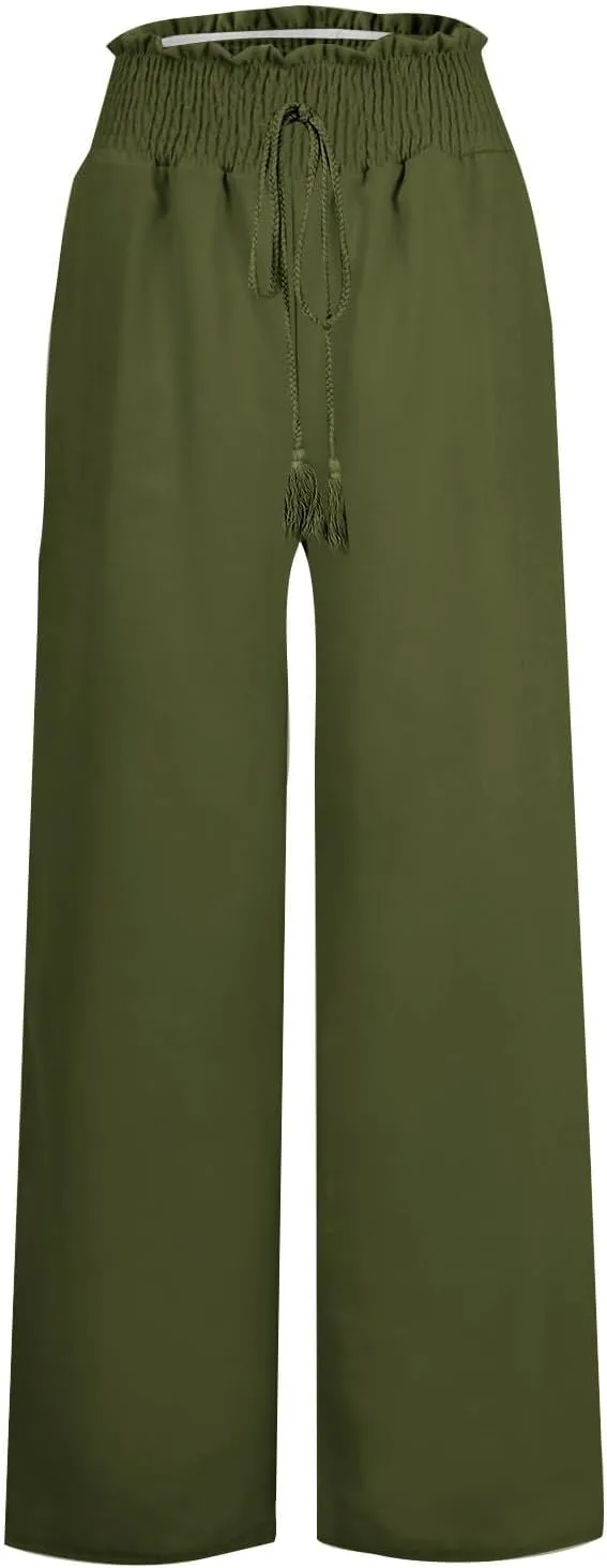 Linen Summer Pants for Women Lightweigh Elastic High Waist Wide Leg Pants Business Adjustable Tie Knot Trousers