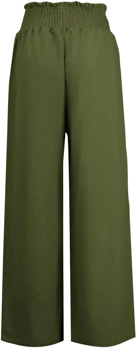 Linen Summer Pants for Women Lightweigh Elastic High Waist Wide Leg Pants Business Adjustable Tie Knot Trousers