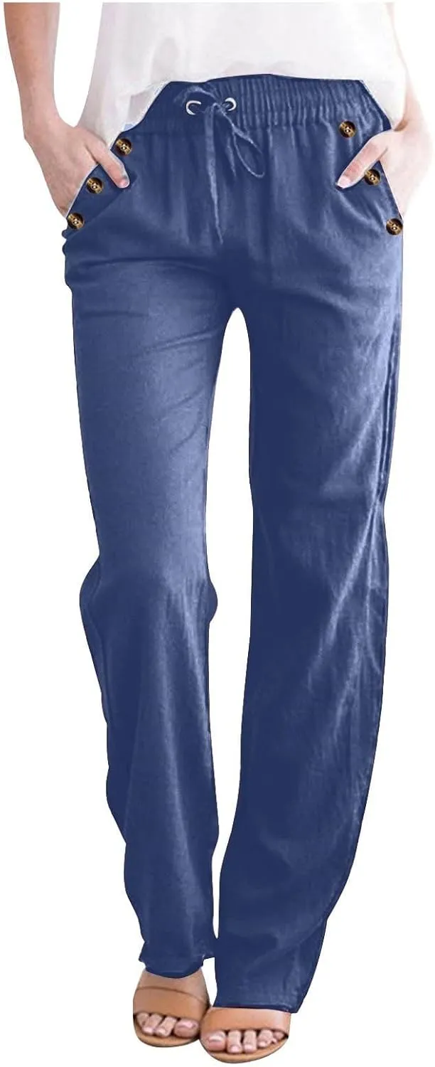 Lmdudan 2 Pc Linen Pants Women Cotton Linen Straight Leg Lightweight Pants 2025 Summer Beach Pants Women's Loose Fit Trousers