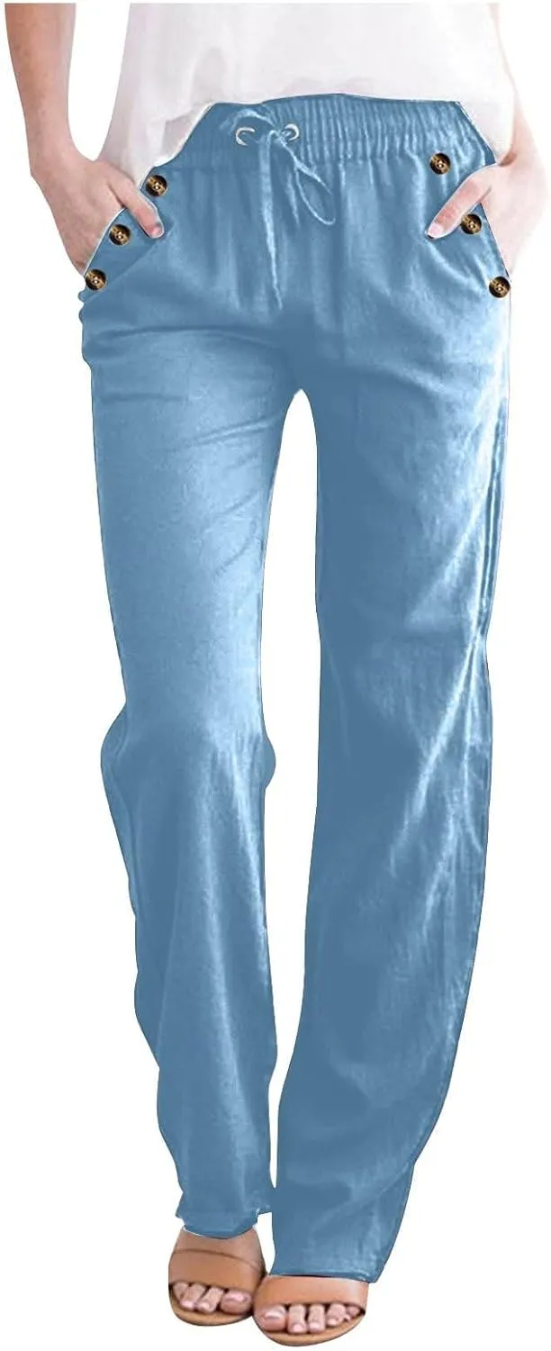 Lmdudan 2 Pc Linen Pants Women Cotton Linen Straight Leg Lightweight Pants 2025 Summer Beach Pants Women's Loose Fit Trousers