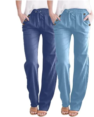 Lmdudan 2 Pc Linen Pants Women Cotton Linen Straight Leg Lightweight Pants 2025 Summer Beach Pants Women's Loose Fit Trousers