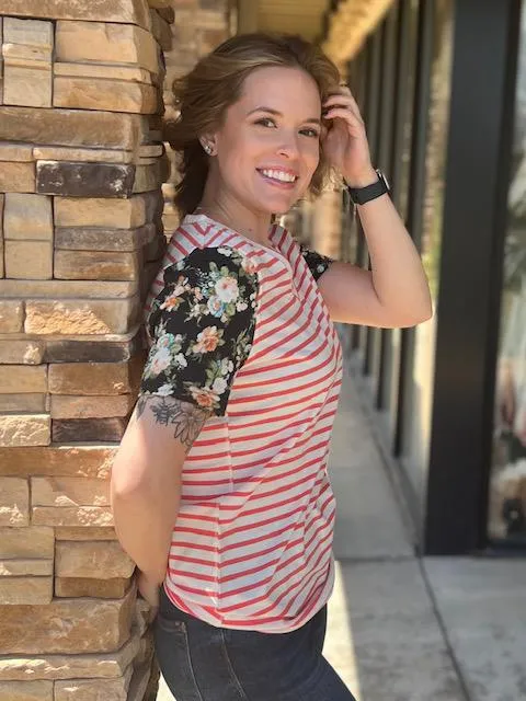 Lulu Coral Stripe & Floral Tee