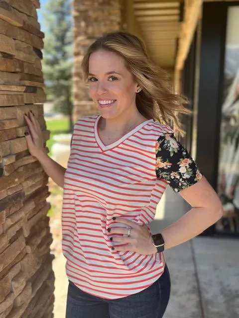 Lulu Coral Stripe & Floral Tee