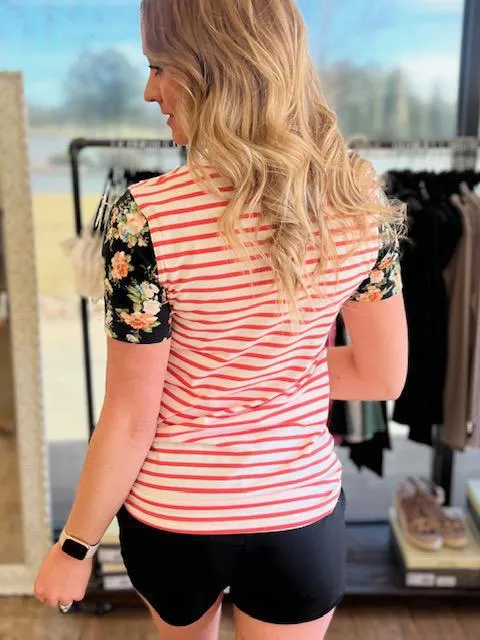 Lulu Coral Stripe & Floral Tee