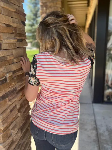 Lulu Coral Stripe & Floral Tee