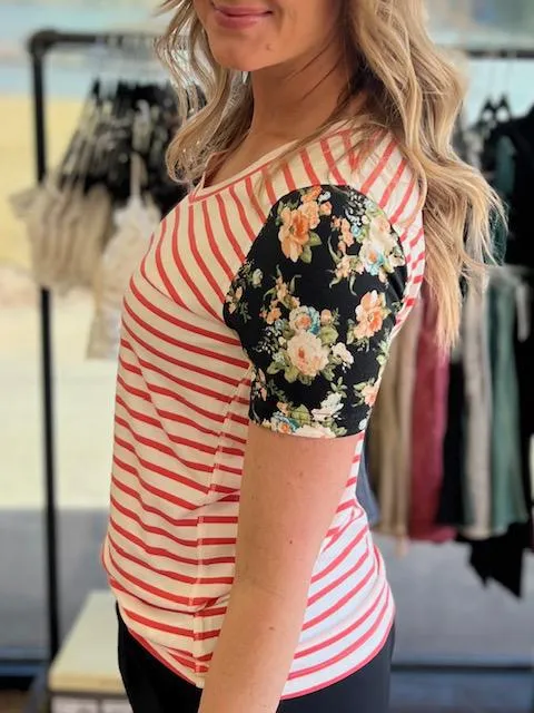 Lulu Coral Stripe & Floral Tee