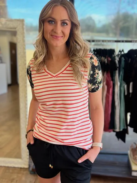 Lulu Coral Stripe & Floral Tee