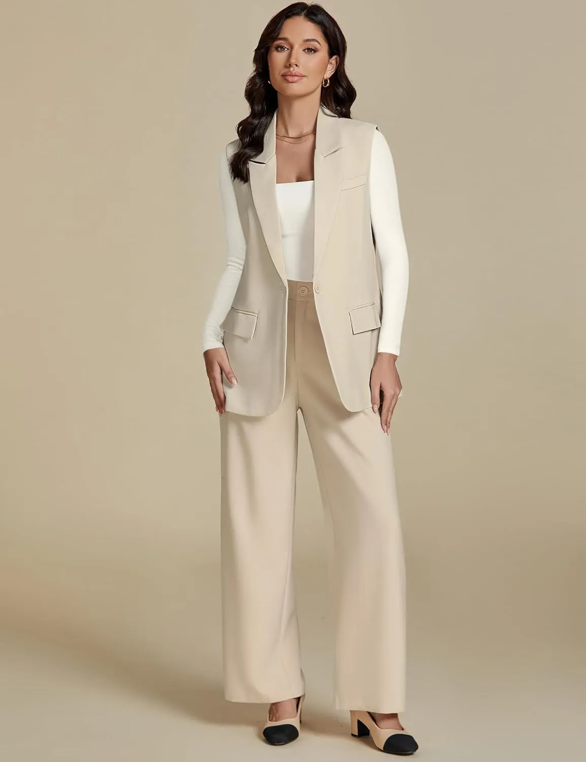 luvamia Long Vest for Women 2025 Spring Business Casual Sleeveless Open Front Blazers Suit Vests Top Pockets Work Office