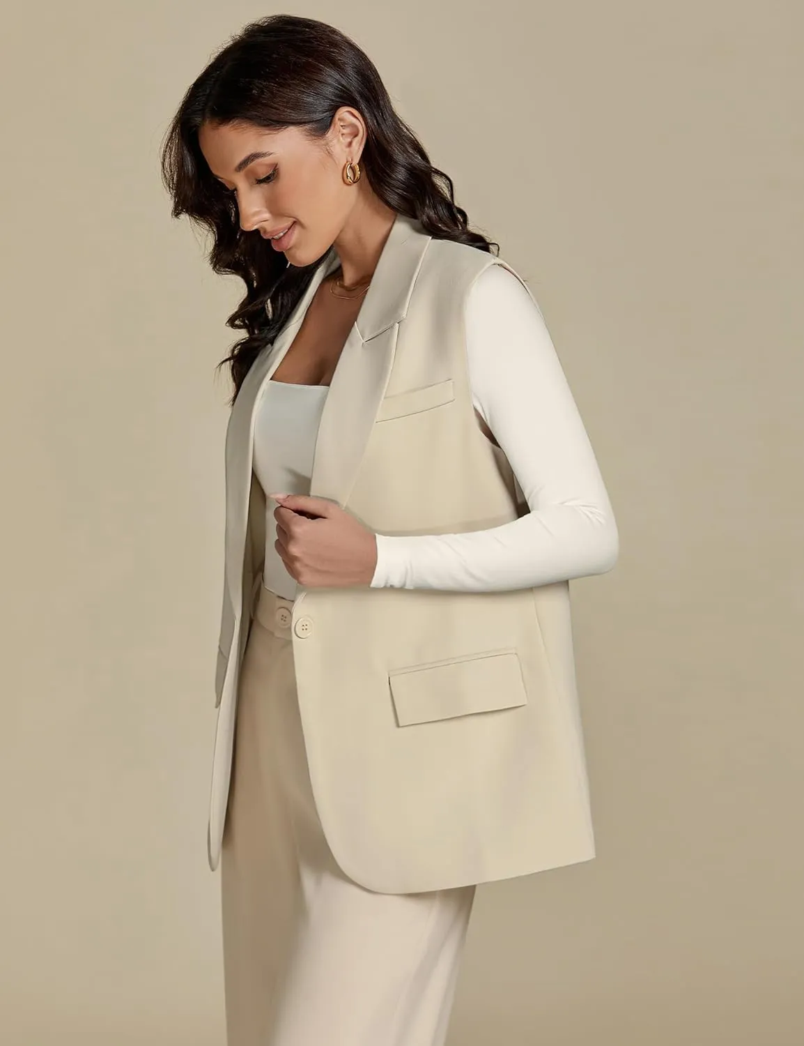 luvamia Long Vest for Women 2025 Spring Business Casual Sleeveless Open Front Blazers Suit Vests Top Pockets Work Office