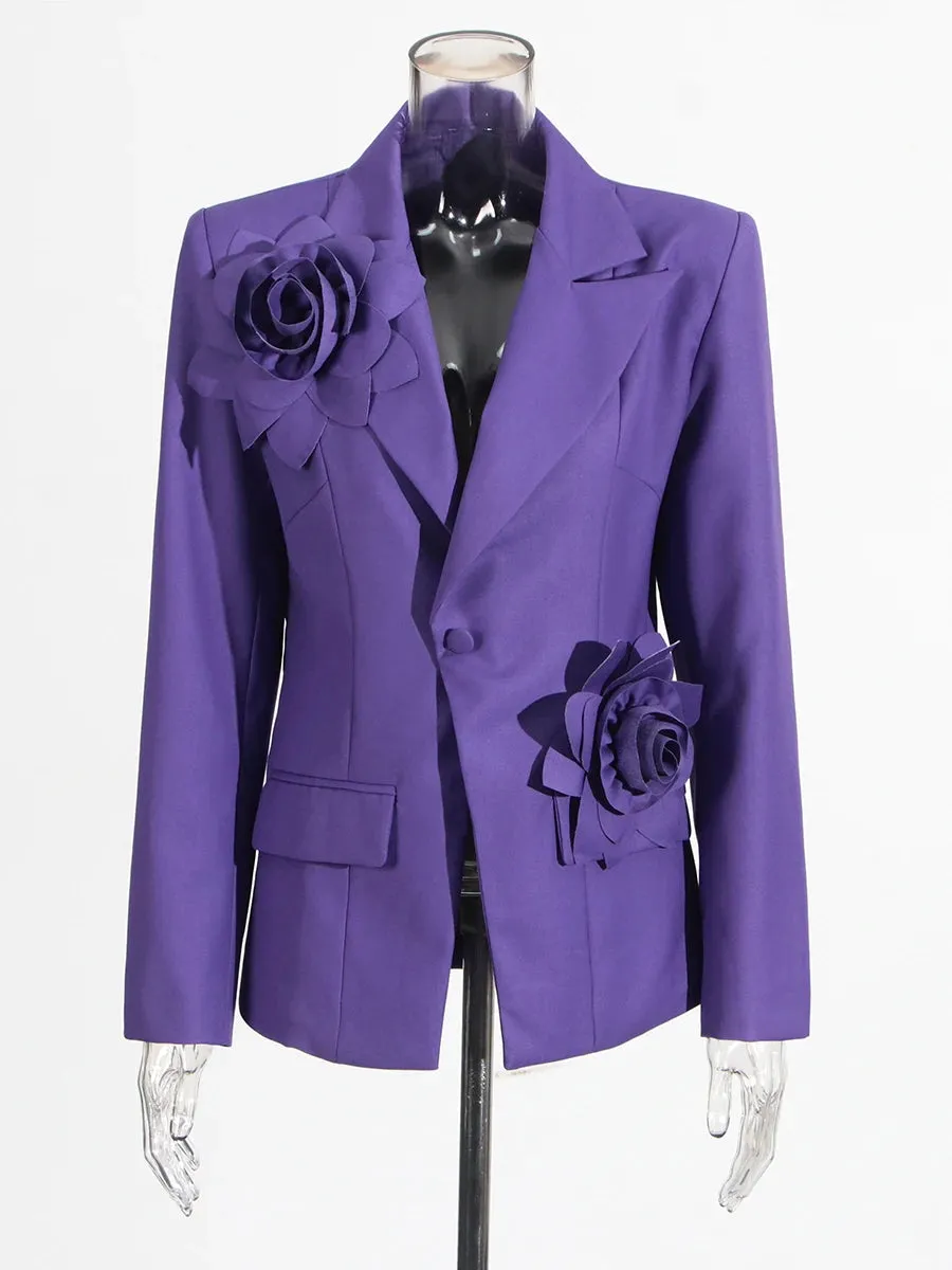 Make Me Blossom Purple Blazer with Rose Appliques