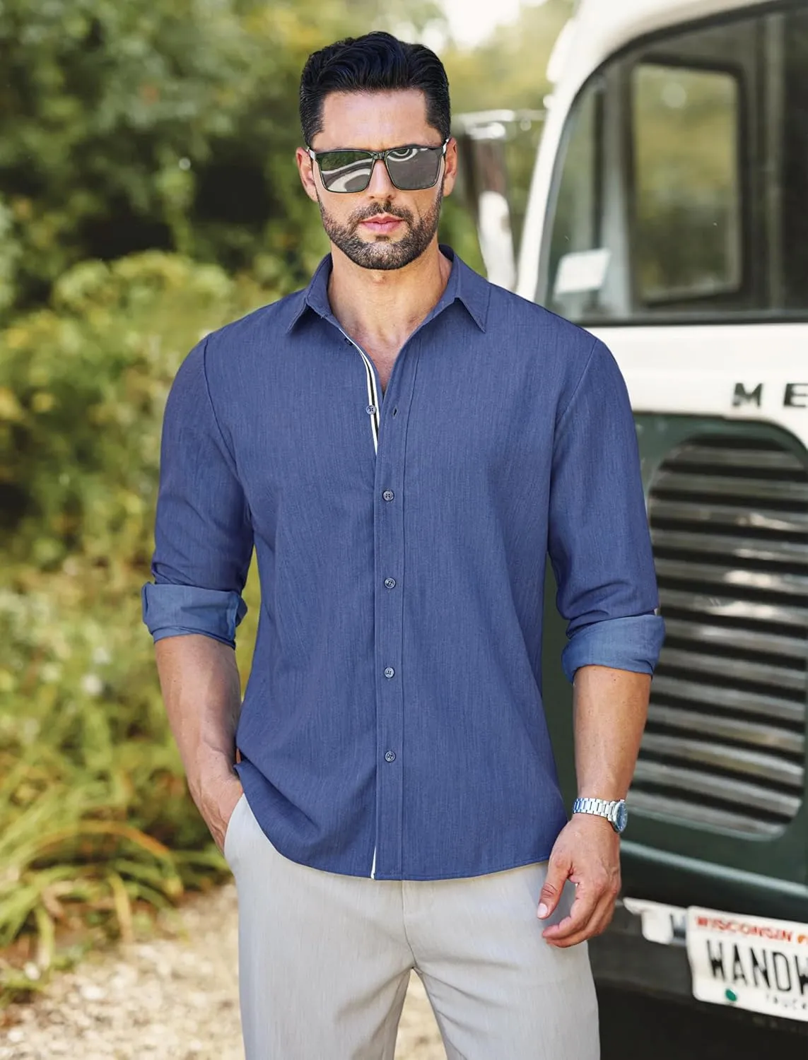 MAPICK Mens Casual Button Down Denim Shirts Long Sleeve Untucked Stretch Wrinkle-Free Dress Shirt