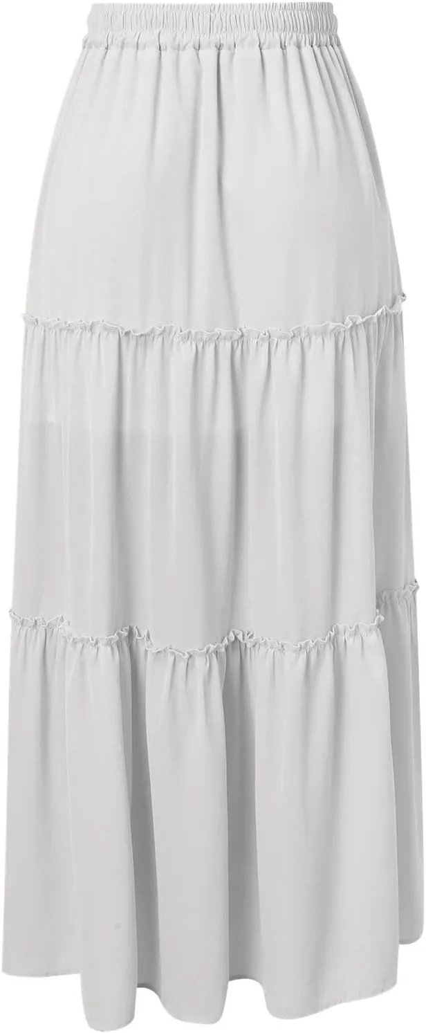 Maxi Skirts for Women Flowy Boho with Pockets Drawstring Elastic High Waist A-Line Ruffle Tiered Summer Long Skirts