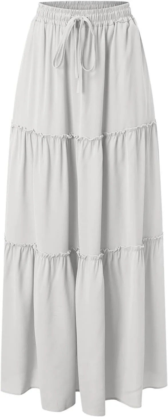 Maxi Skirts for Women Flowy Boho with Pockets Drawstring Elastic High Waist A-Line Ruffle Tiered Summer Long Skirts
