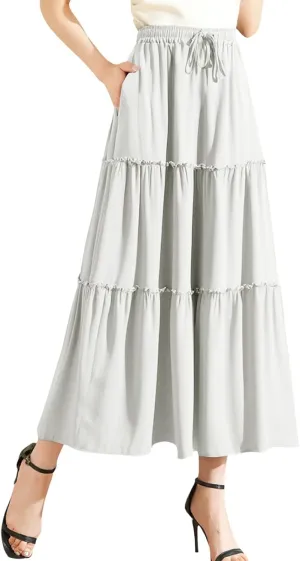 Maxi Skirts for Women Flowy Boho with Pockets Drawstring Elastic High Waist A-Line Ruffle Tiered Summer Long Skirts