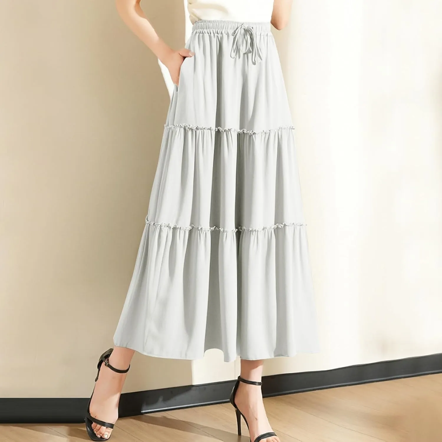 Maxi Skirts for Women Flowy Boho with Pockets Drawstring Elastic High Waist A-Line Ruffle Tiered Summer Long Skirts