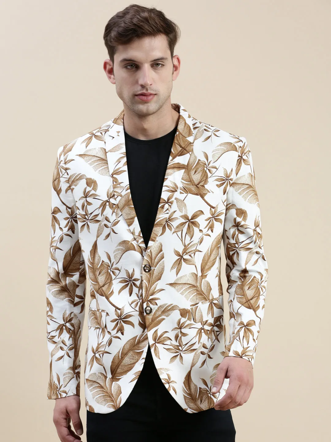 Men White Printed Cotton Blazers