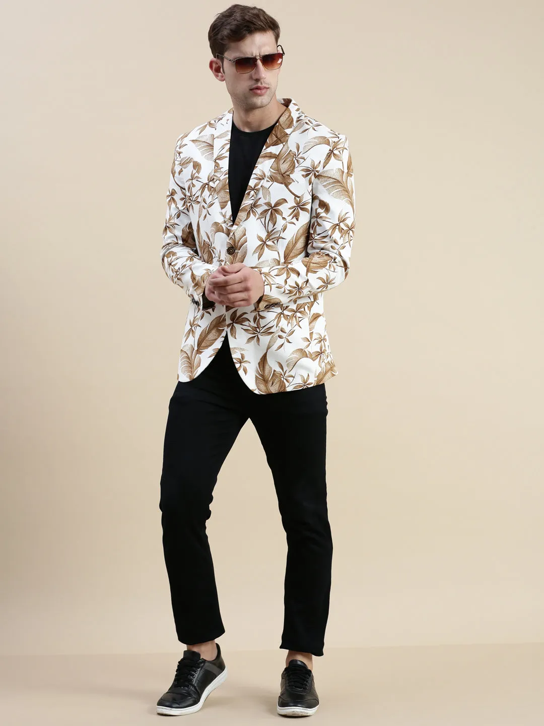 Men White Printed Cotton Blazers