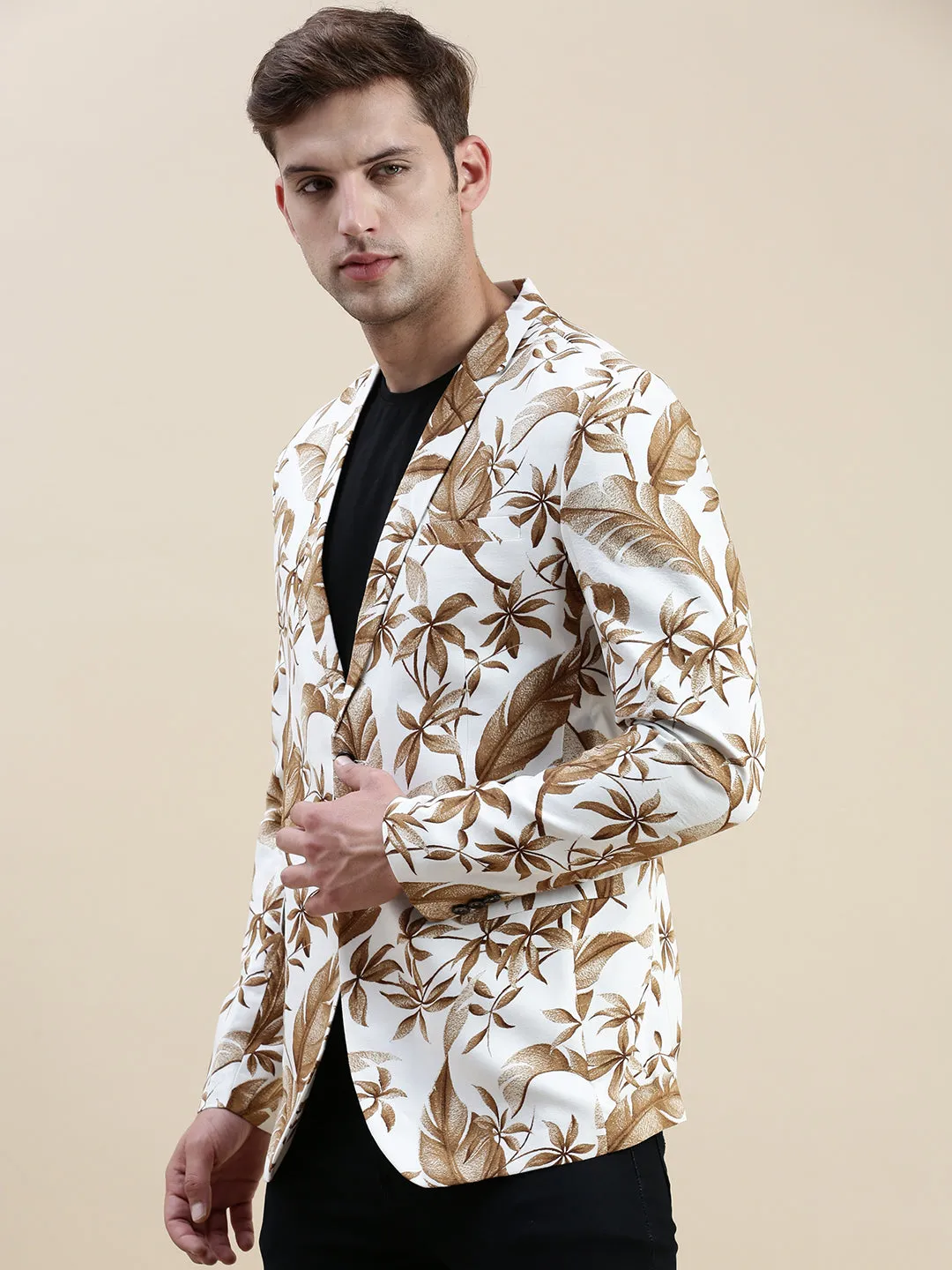 Men White Printed Cotton Blazers