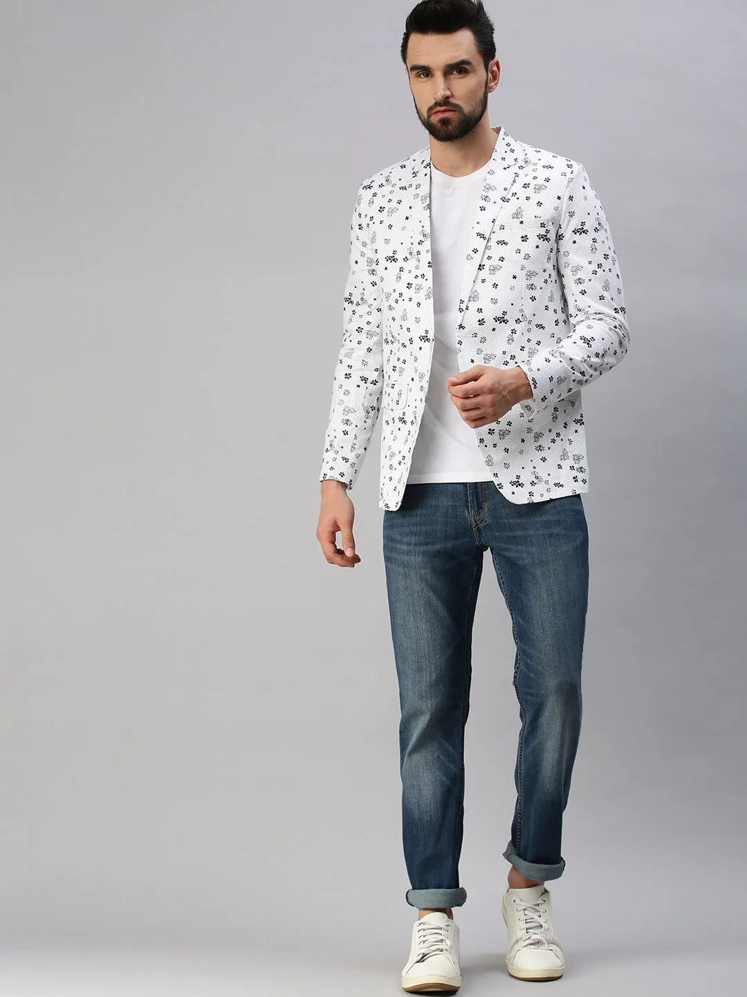 Men White Printed Single-Breasted Party Blazer