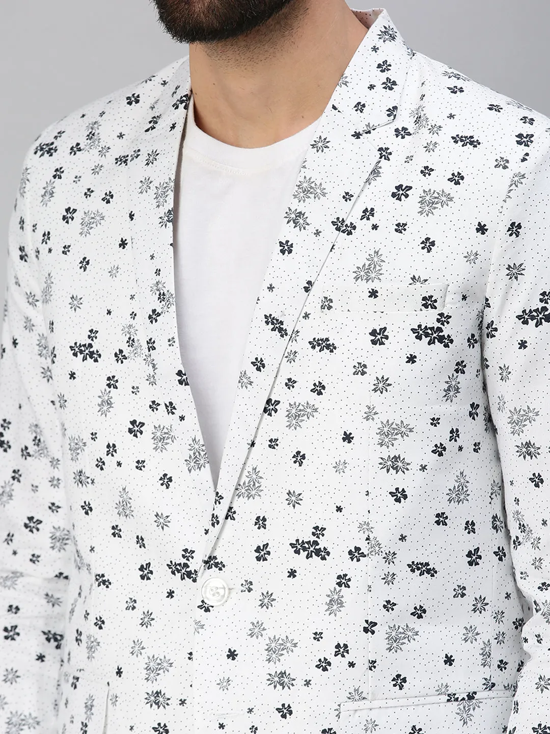 Men White Printed Single-Breasted Party Blazer