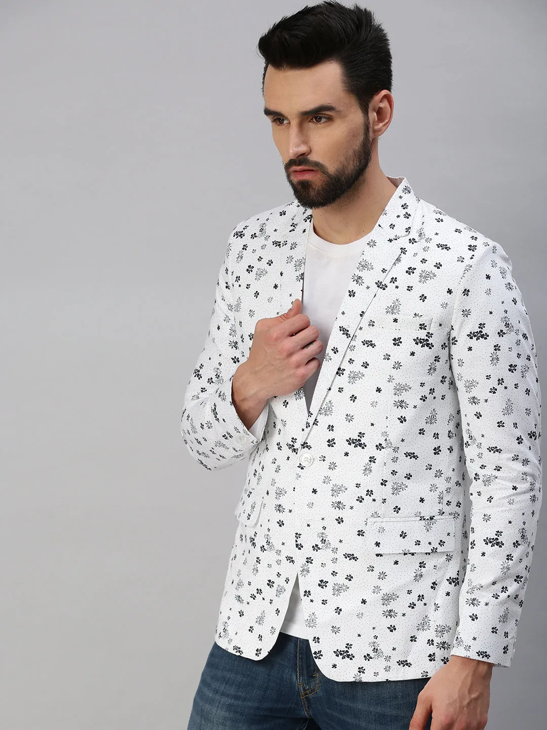 Men White Printed Single-Breasted Party Blazer