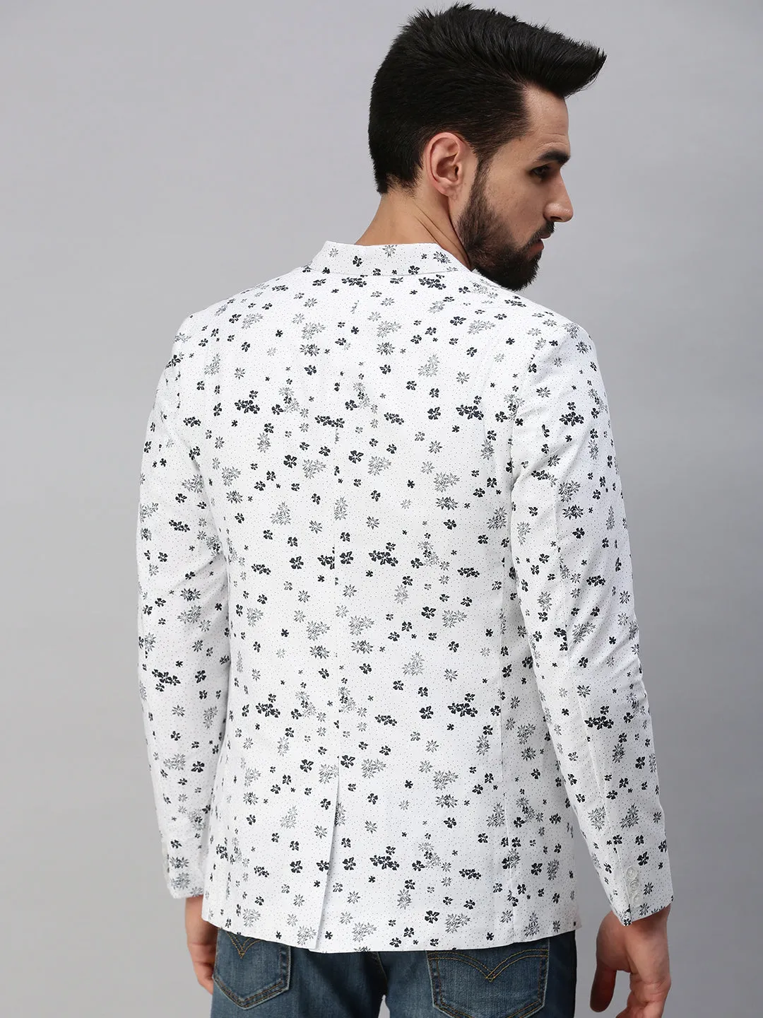 Men White Printed Single-Breasted Party Blazer