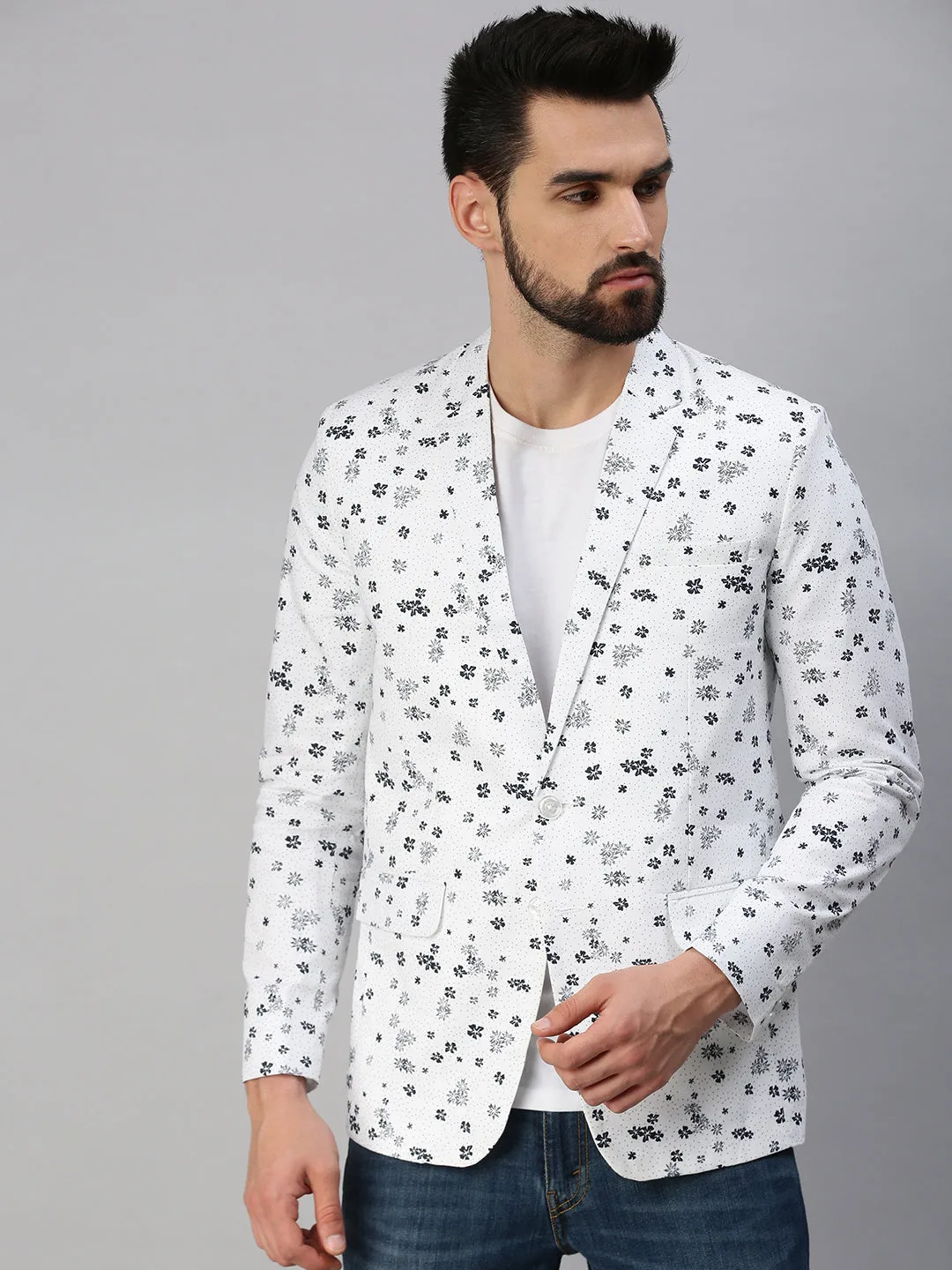 Men White Printed Single-Breasted Party Blazer
