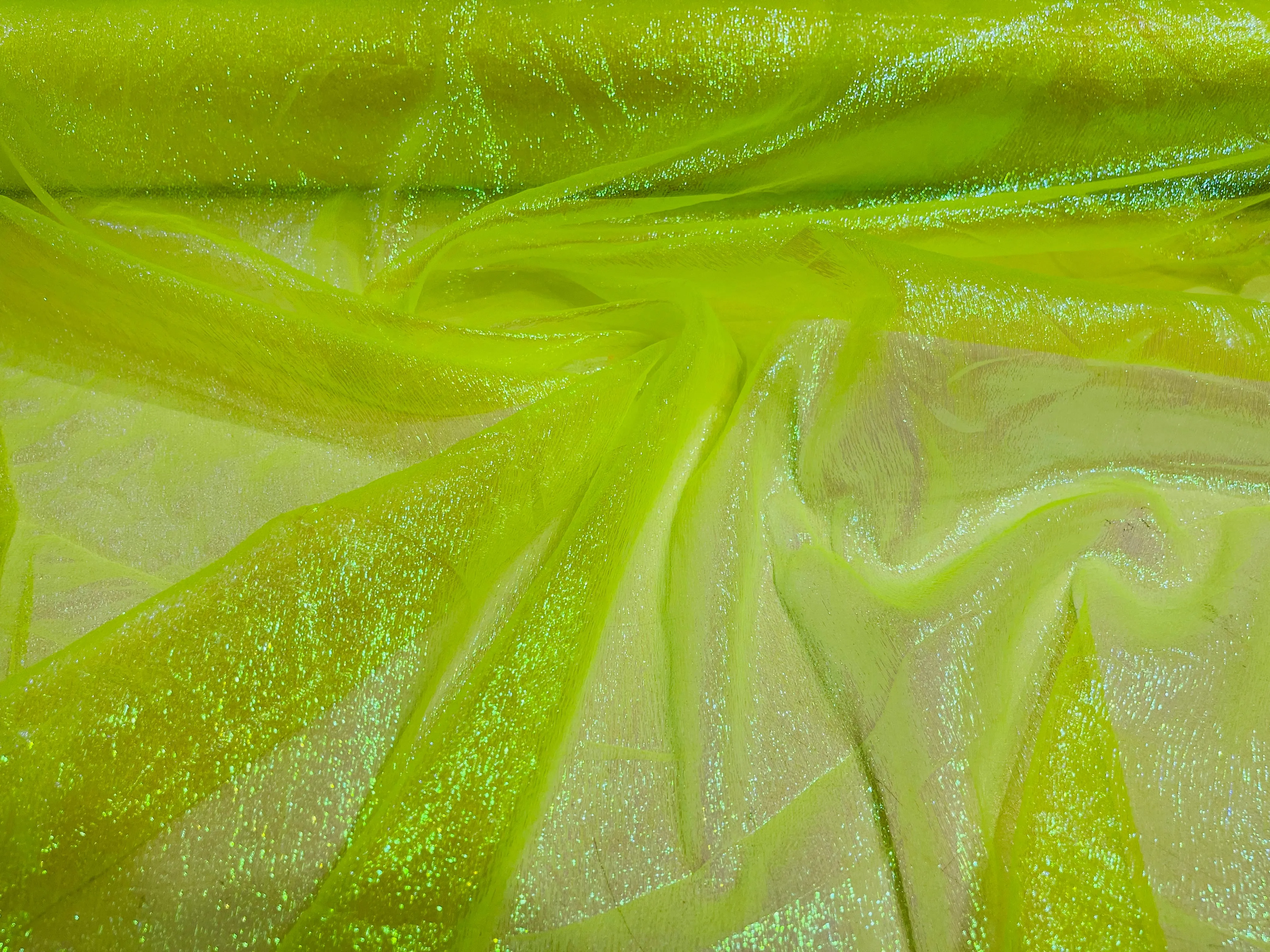 Neon Yellow Crush Iridescent Shimmer Organza Fabric 45” Wide, Sells by The Yard.