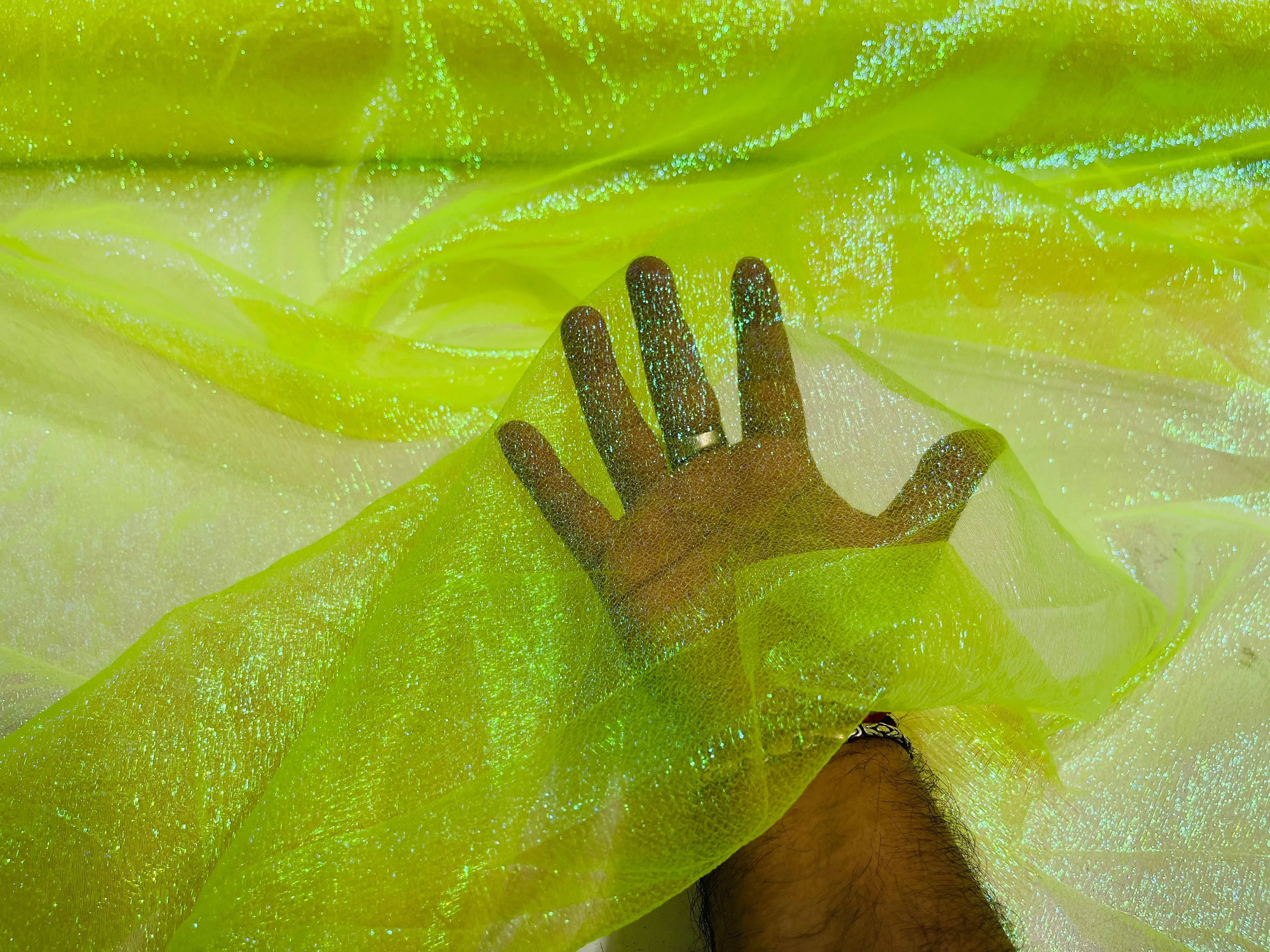 Neon Yellow Crush Iridescent Shimmer Organza Fabric 45” Wide, Sells by The Yard.