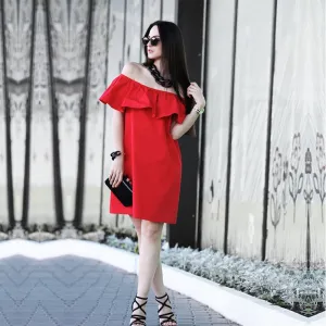 Off Shoulder Boat Neck Sleeveless Short Dress