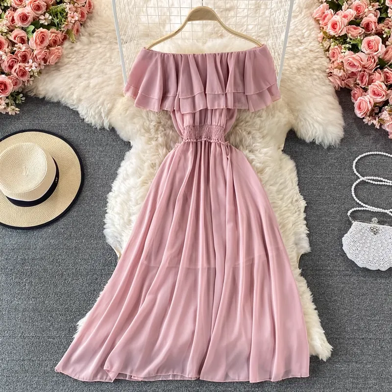 Off The Shoulder Long Skirt Sexy Ruffled Chiffon Dress 873