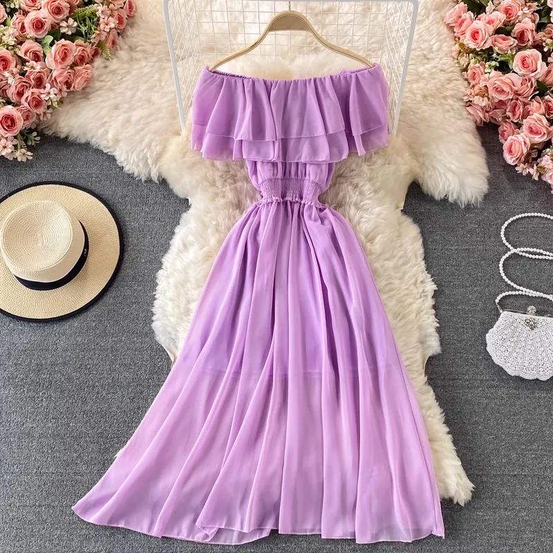 Off The Shoulder Long Skirt Sexy Ruffled Chiffon Dress 873