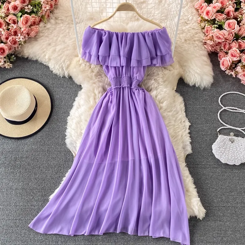 Off The Shoulder Long Skirt Sexy Ruffled Chiffon Dress 873