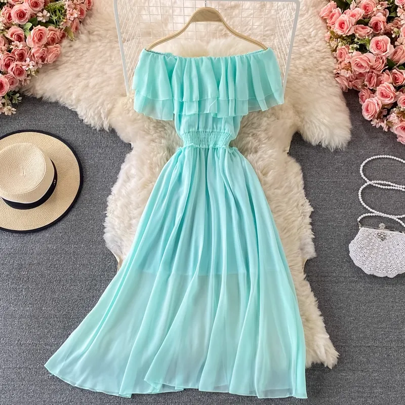 Off The Shoulder Long Skirt Sexy Ruffled Chiffon Dress 873