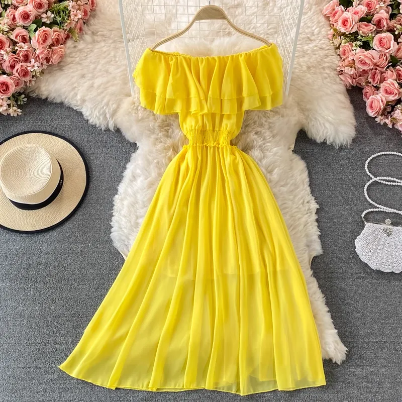 Off The Shoulder Long Skirt Sexy Ruffled Chiffon Dress 873